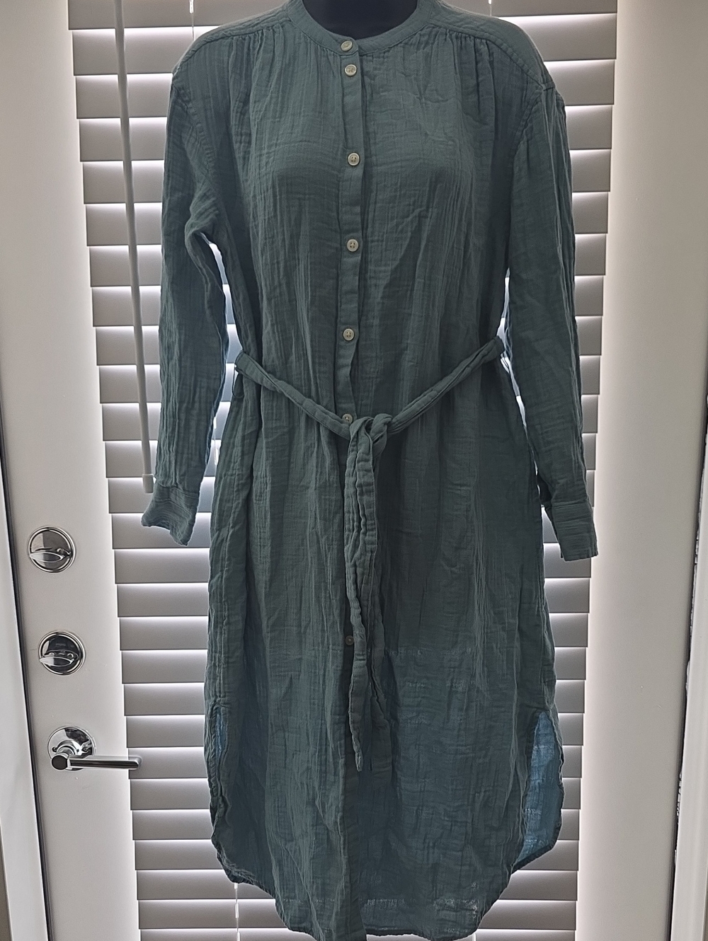 Gap Sage Green Crinkle Gauze Button Front Midi Shirt Dress XS Petite XSP
